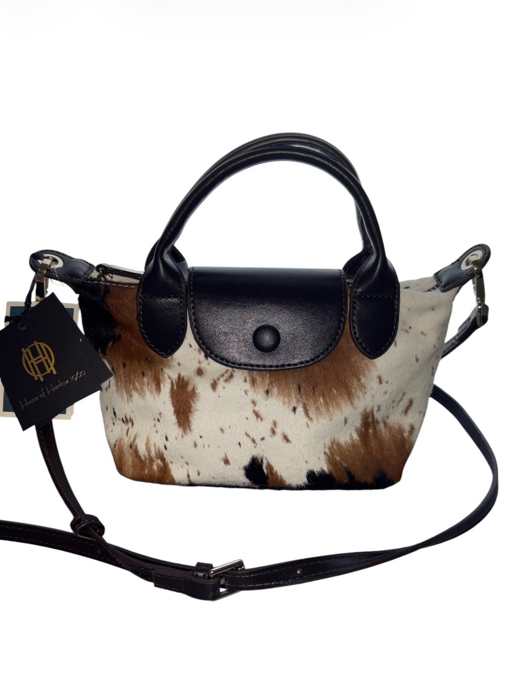 House of Harlow 1960 Brown, Black & White Cowhide Mini Crossbody Satchel